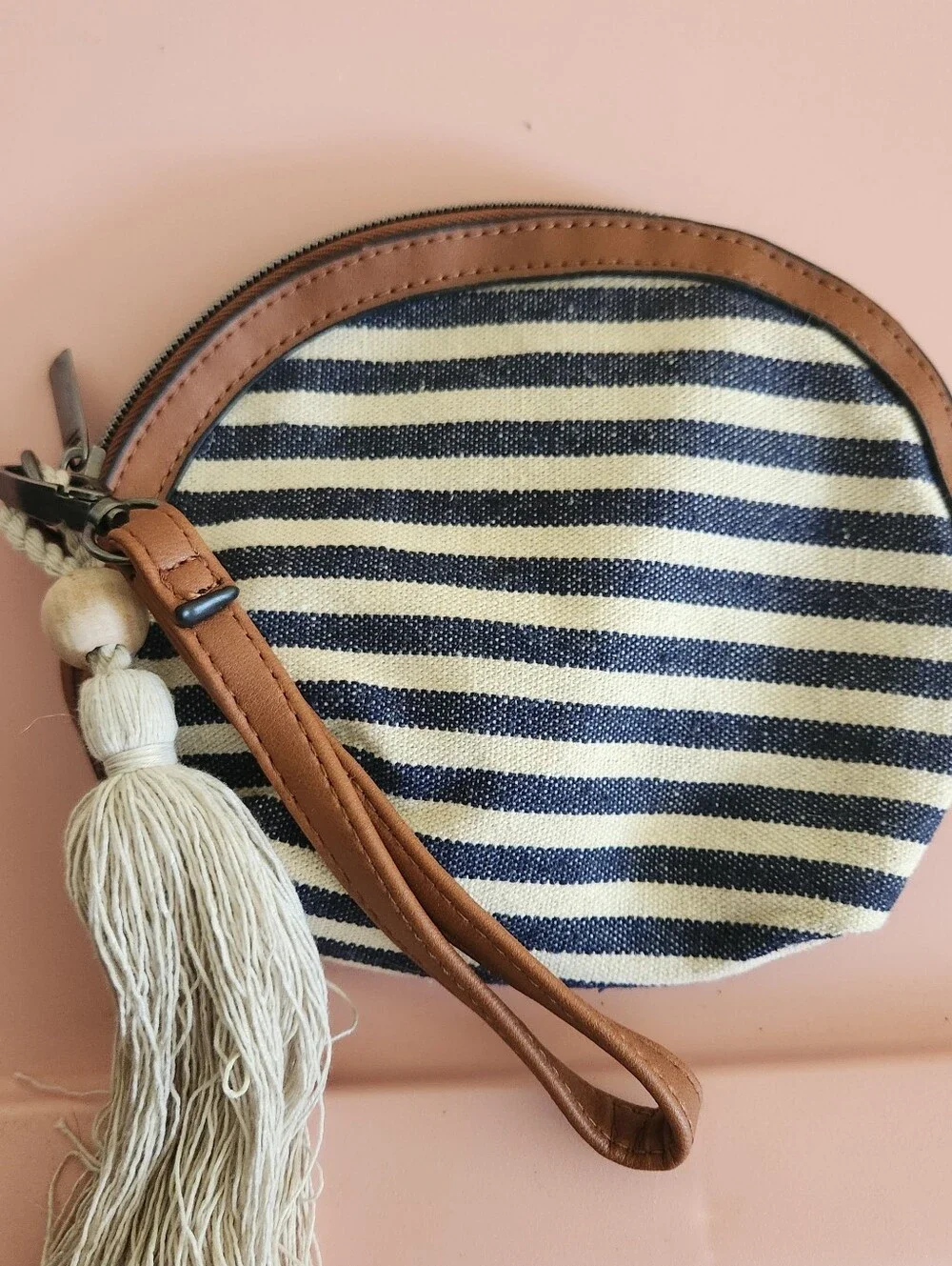 Striped Navy & Cream Wristlet Pouch with Brown Trim